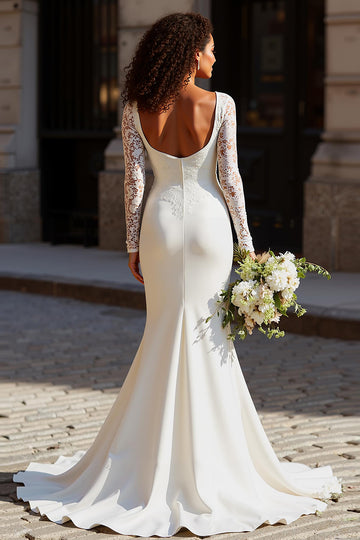 Mermaid Square Neck White Long Sleeve Wedding Dress with Lace